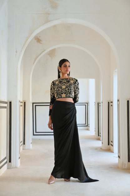 FULL SLEEVE BIG FLOWER JAAL EMBROIDERED CROP TOP WITH COWL SKIRT- EC-CS-RAHI25-17- Black