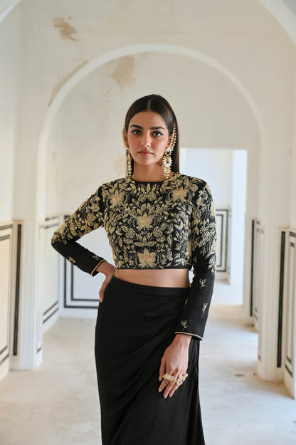 FULL SLEEVE BIG FLOWER JAAL EMBROIDERED CROP TOP WITH COWL SKIRT- EC-CS-RAHI25-17- Black