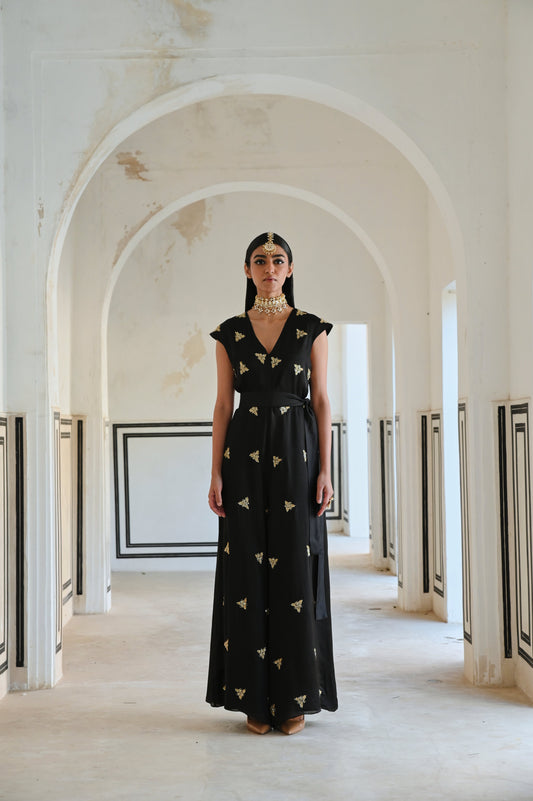 SMALL FLORAL BUTTI EMBROIDERED LOOSE JUMPSUIT- EC-JS-RAHI25-14- Black