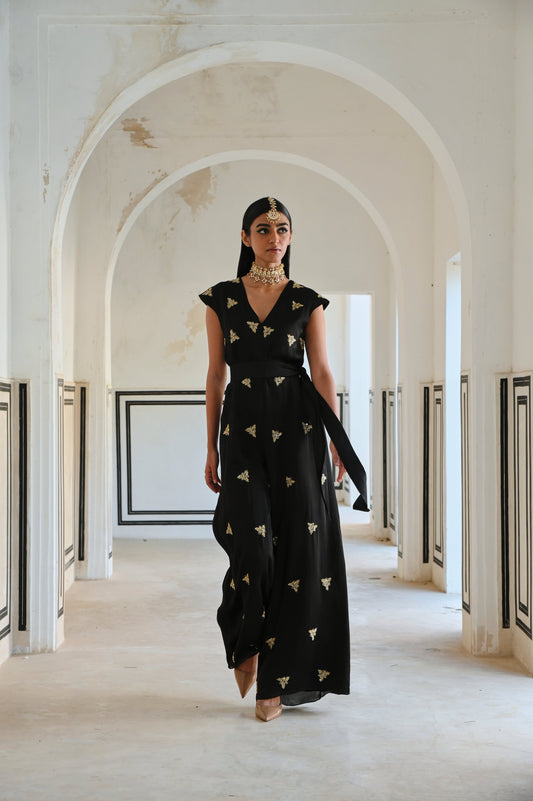 SMALL FLORAL BUTTI EMBROIDERED LOOSE JUMPSUIT- EC-JS-RAHI25-14- Black