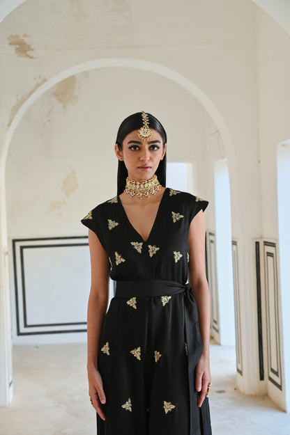 SMALL FLORAL BUTTI EMBROIDERED LOOSE JUMPSUIT- EC-JS-RAHI25-14- Black