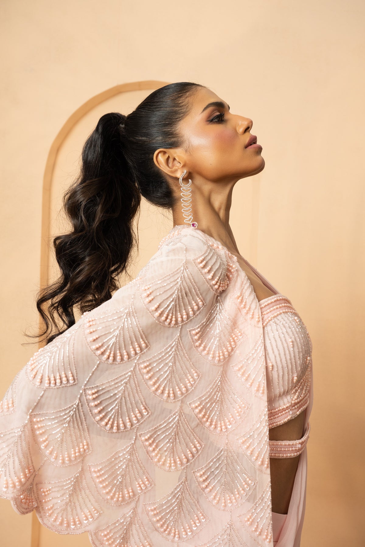 Baby Pink Pre-Stitched Drape Saree with Cape