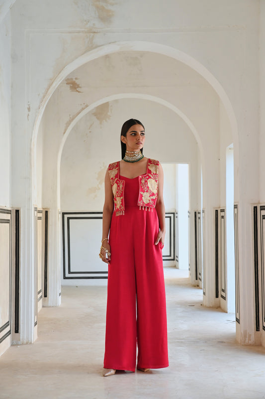 BIG FLOWER EMBROIDERED SHORT JACKET WITH JUMPSUIT- EC-JS-RAHI25-15- Red