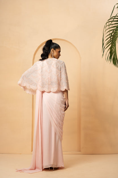 Baby Pink Pre-Stitched Drape Saree with Cape