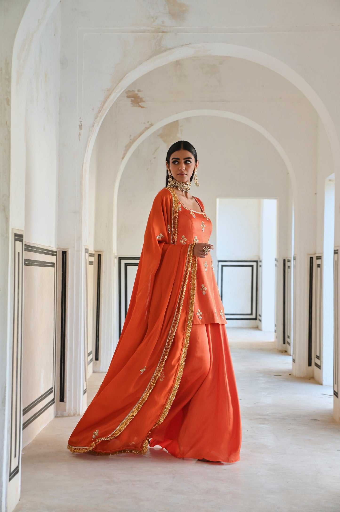 SQUARE NECKLINE FLORAL BUTTI EMBROIDERED SHORT KURTA WITH PALAZZO AND DUPATTA- EC-SH-RAHI25-11- Orange