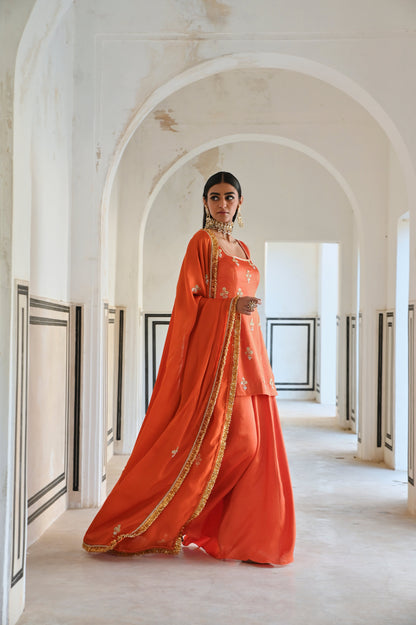 SQUARE NECKLINE FLORAL BUTTI EMBROIDERED SHORT KURTA WITH PALAZZO AND DUPATTA- EC-SH-RAHI25-11- Orange