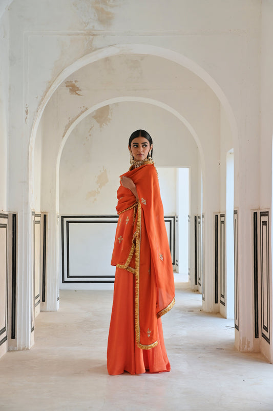 SQUARE NECKLINE FLORAL BUTTI EMBROIDERED SHORT KURTA WITH PALAZZO AND DUPATTA- EC-SH-RAHI25-11- Orange