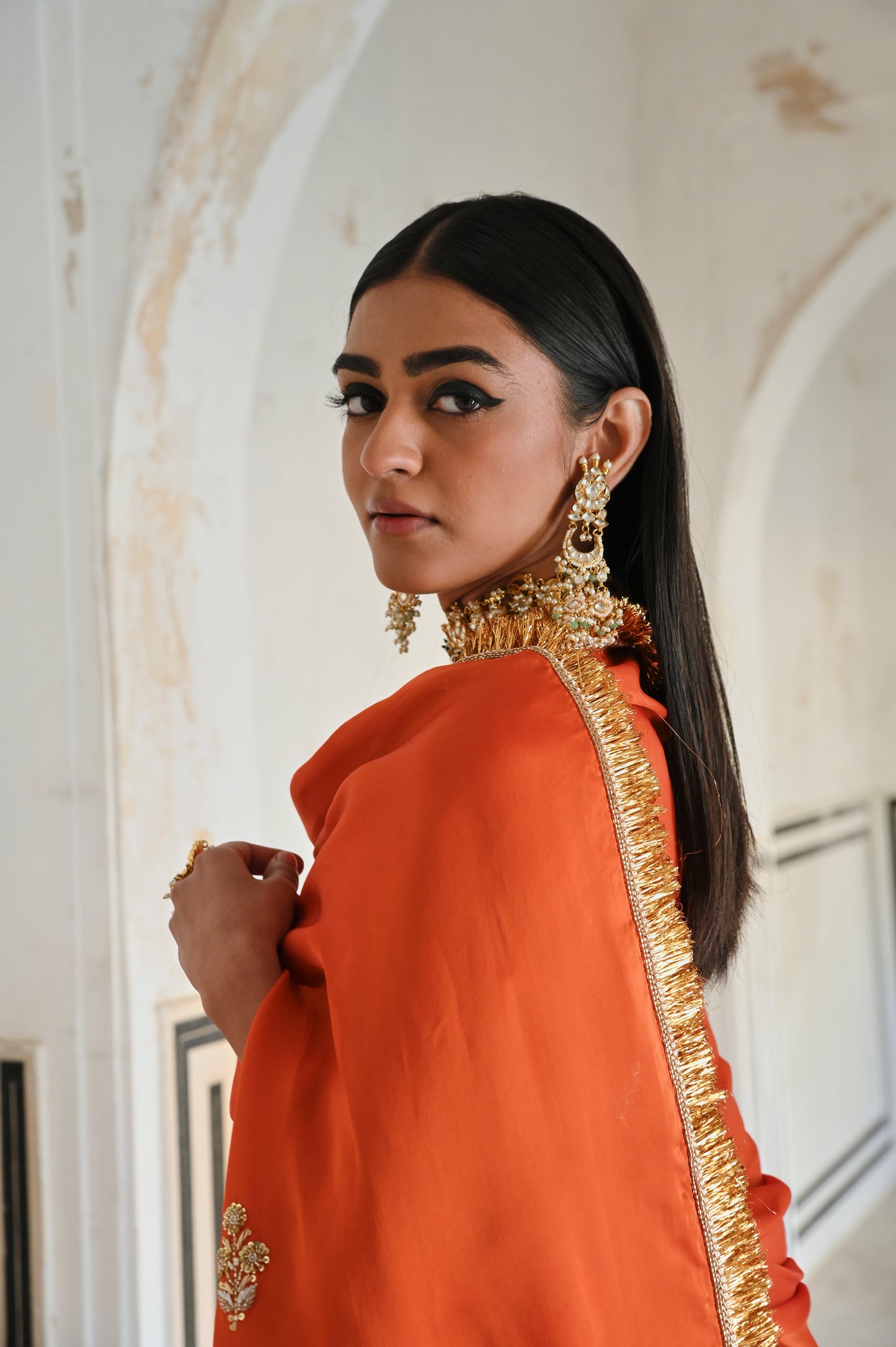 SQUARE NECKLINE FLORAL BUTTI EMBROIDERED SHORT KURTA WITH PALAZZO AND DUPATTA- EC-SH-RAHI25-11- Orange