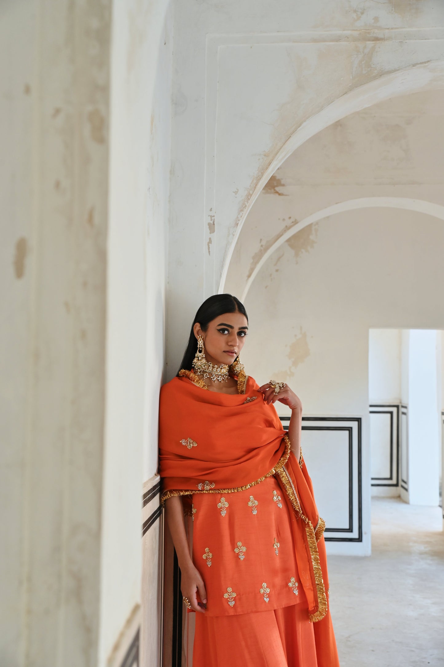 SQUARE NECKLINE FLORAL BUTTI EMBROIDERED SHORT KURTA WITH PALAZZO AND DUPATTA- EC-SH-RAHI25-11- Orange