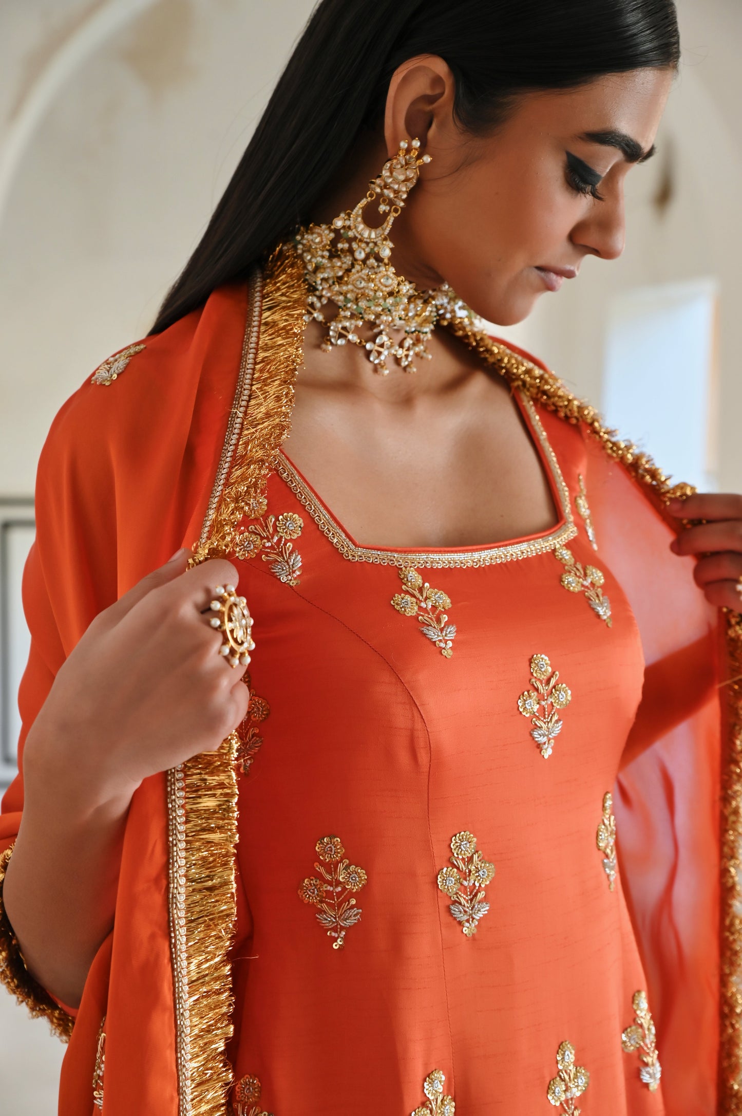 SQUARE NECKLINE FLORAL BUTTI EMBROIDERED SHORT KURTA WITH PALAZZO AND DUPATTA- EC-SH-RAHI25-11- Orange