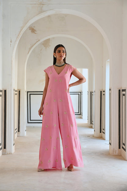 SMALL FLORAL BUTTI EMBROIDERED LOOSE JUMPSUIT- EC-JS-RAHI25-14- BabyPink