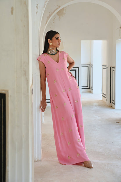 SMALL FLORAL BUTTI EMBROIDERED LOOSE JUMPSUIT- EC-JS-RAHI25-14- BabyPink