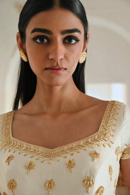 IVORY CAP SLEEVE FLORAL BUTTI EMBROIDERED 12 KALI ANARKALI WITH DUPATTA- EC-AK-RAHI25-04- Ivory