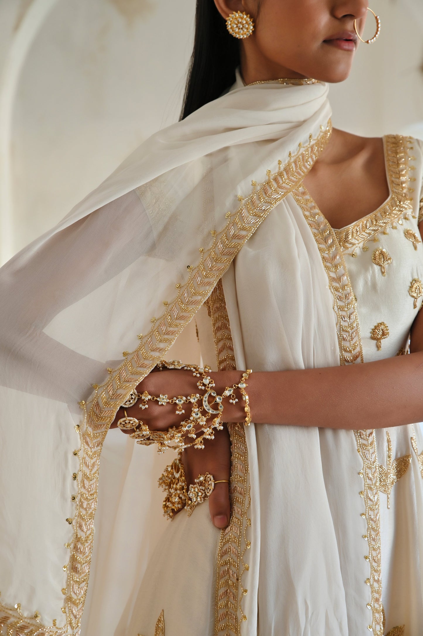 IVORY CAP SLEEVE FLORAL BUTTI EMBROIDERED 12 KALI ANARKALI WITH DUPATTA- EC-AK-RAHI25-04- Ivory
