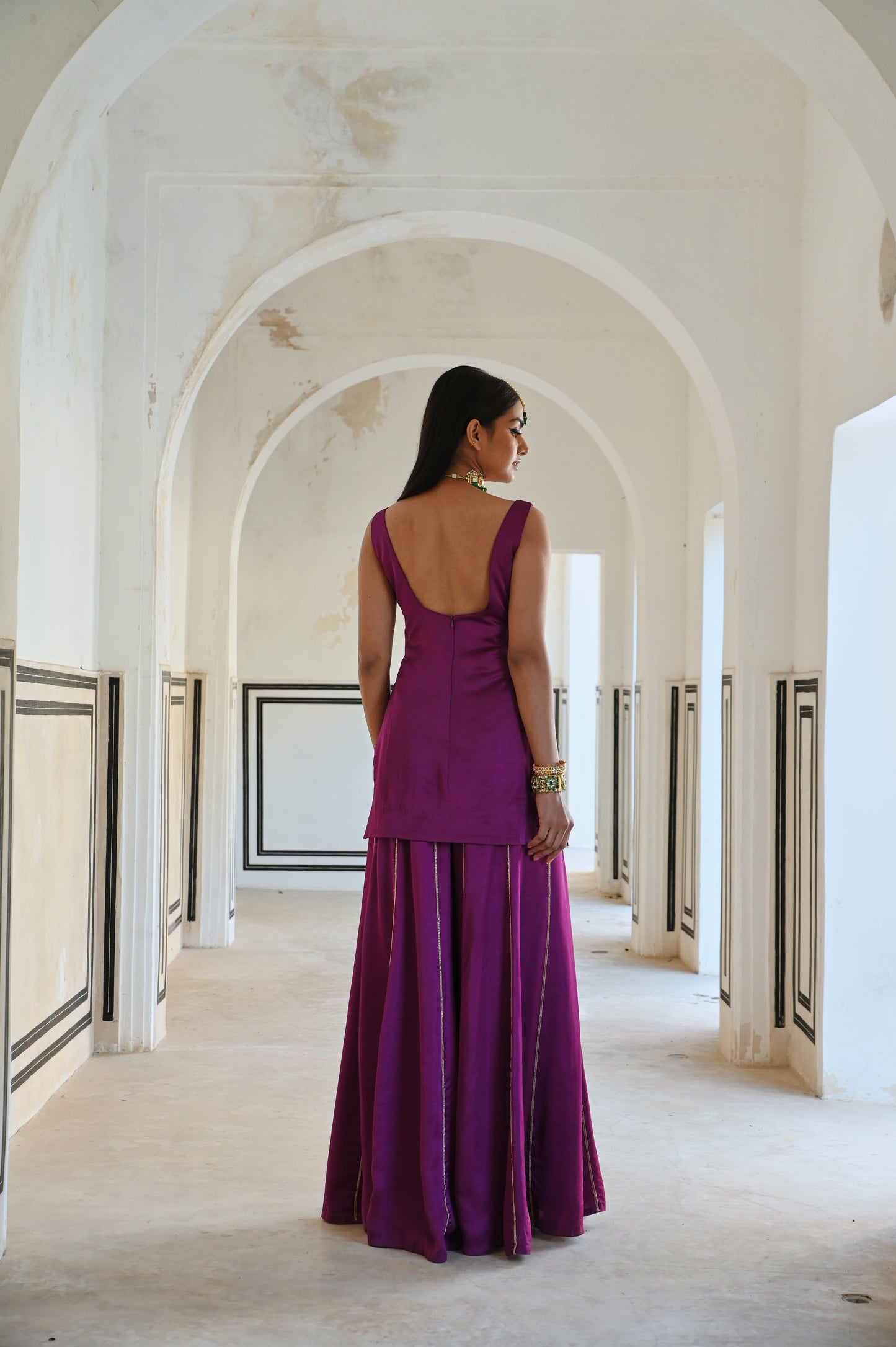 SQUARE NEKLINE BIG FLOWER JAAL EMBROIDERED SHORT KURTA WITH PALAZZO AND DUPATTA- EC-SH-RAHI25-12- Purple