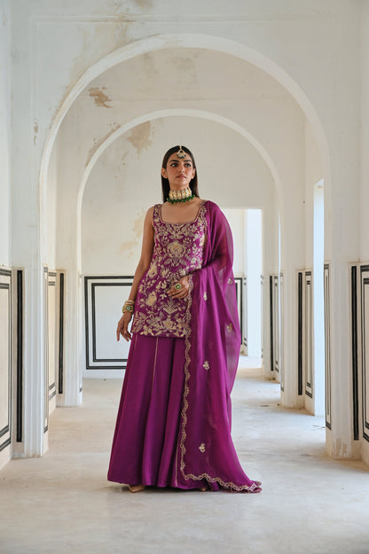 SQUARE NEKLINE BIG FLOWER JAAL EMBROIDERED SHORT KURTA WITH PALAZZO AND DUPATTA- EC-SH-RAHI25-12- Purple