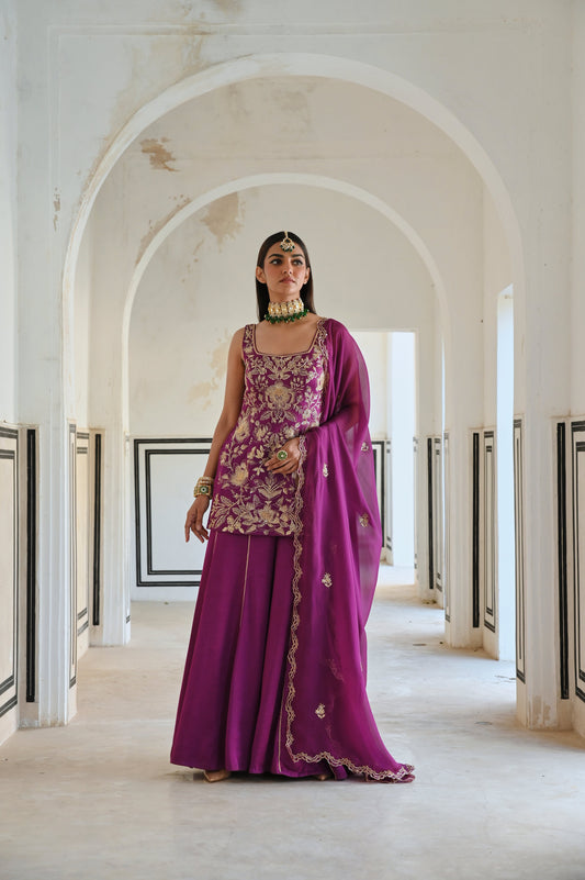 SQUARE NEKLINE BIG FLOWER JAAL EMBROIDERED SHORT KURTA WITH PALAZZO AND DUPATTA- EC-SH-RAHI25-12- Purple