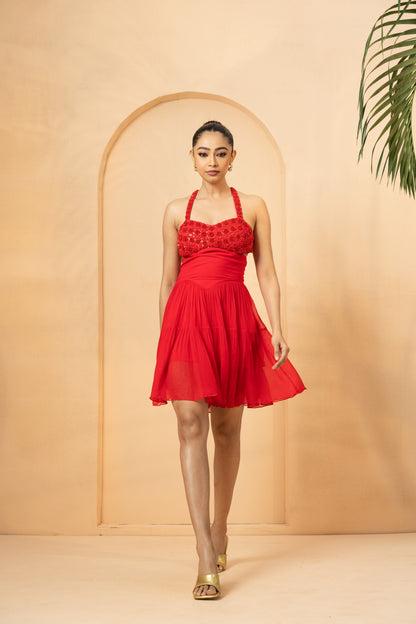 Red Cut-Out Mini Dress for Parties | Flared Evening Wear