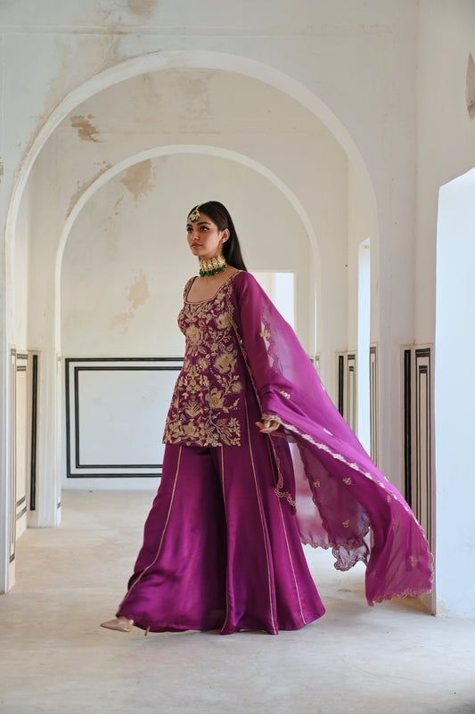 SQUARE NEKLINE BIG FLOWER JAAL EMBROIDERED SHORT KURTA WITH PALAZZO AND DUPATTA- EC-SH-RAHI25-12- Purple