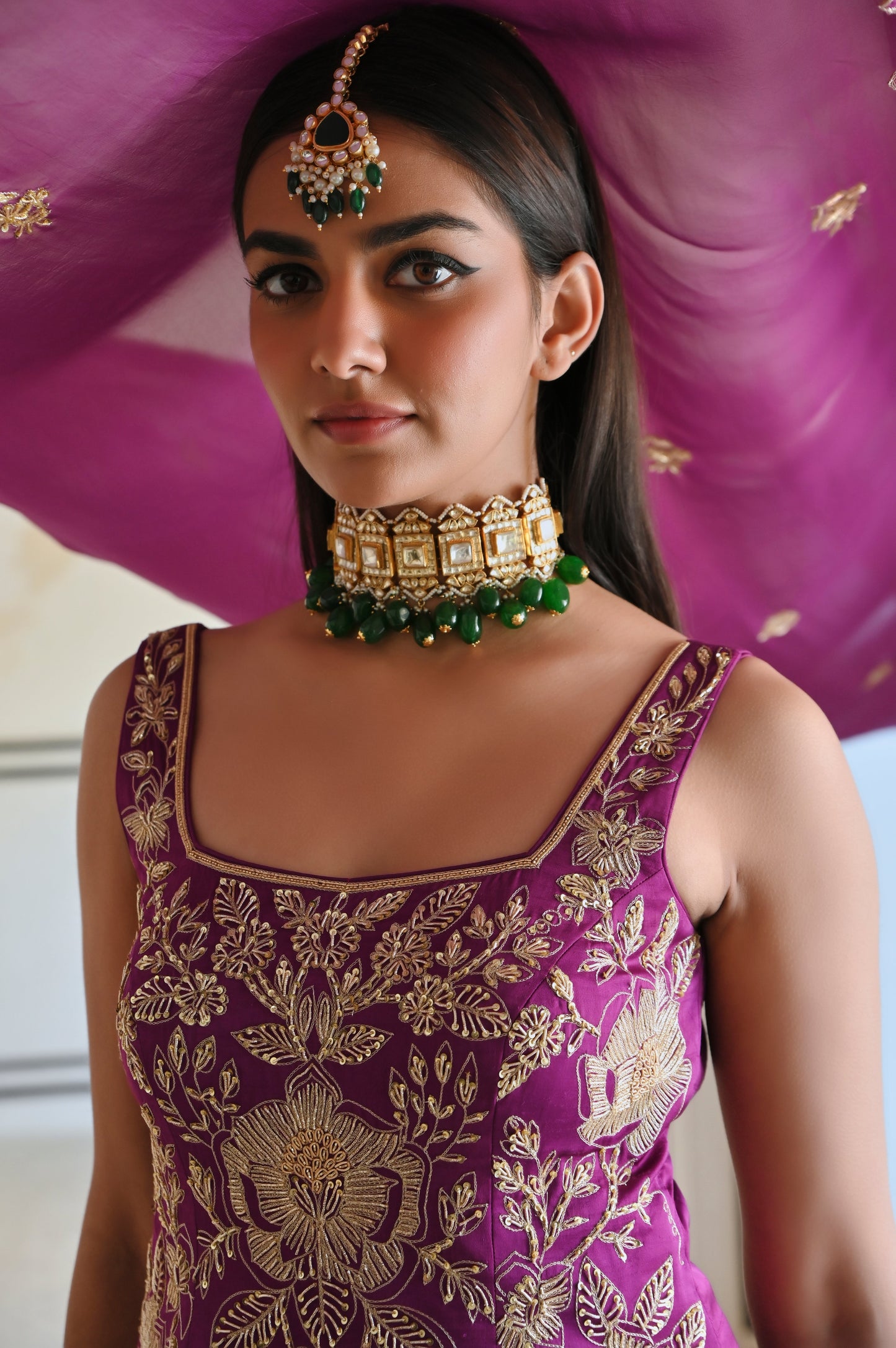 SQUARE NEKLINE BIG FLOWER JAAL EMBROIDERED SHORT KURTA WITH PALAZZO AND DUPATTA- EC-SH-RAHI25-12- Purple