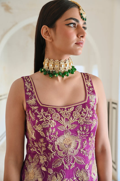 SQUARE NEKLINE BIG FLOWER JAAL EMBROIDERED SHORT KURTA WITH PALAZZO AND DUPATTA- EC-SH-RAHI25-12- Purple