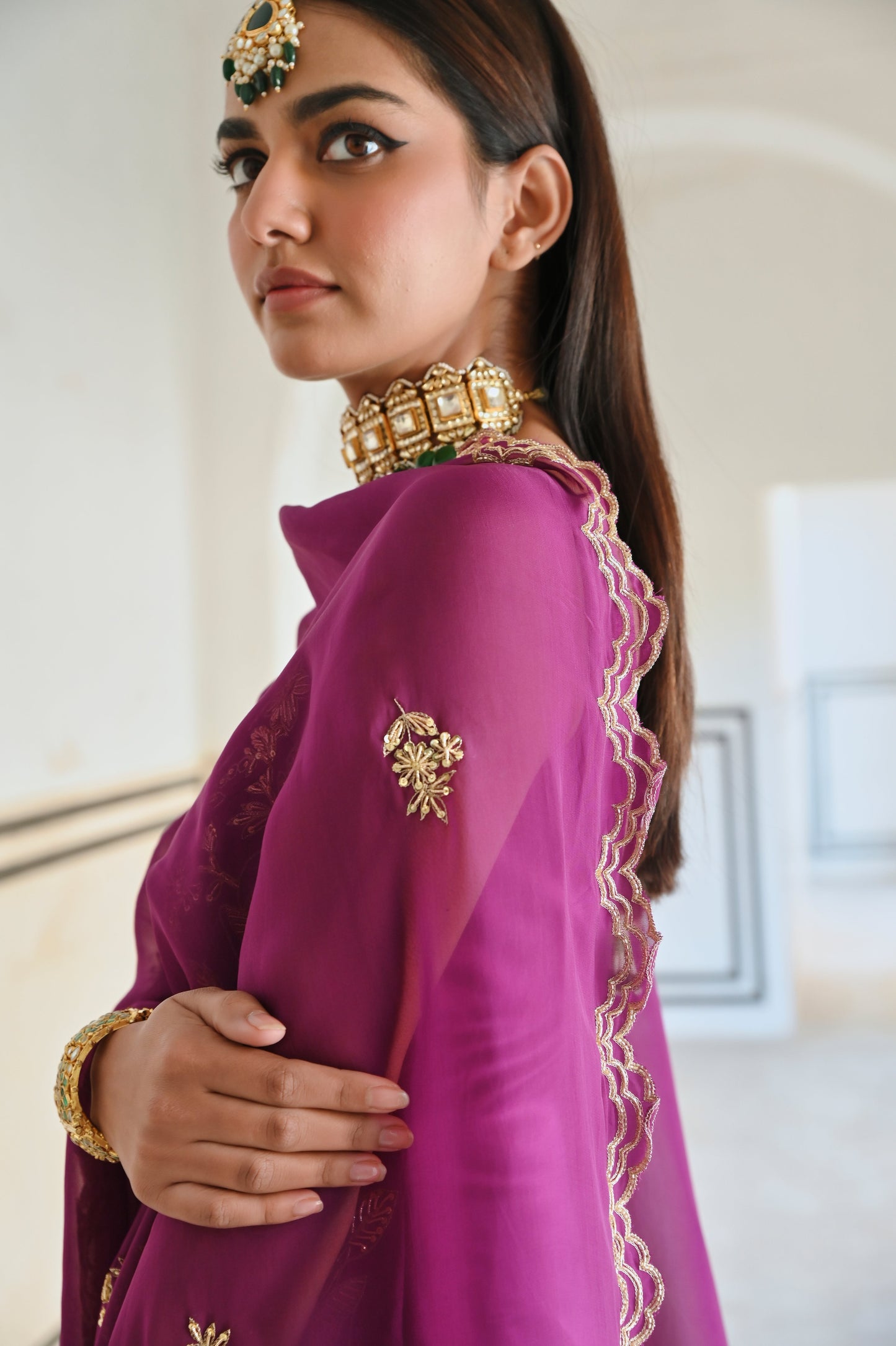 SQUARE NEKLINE BIG FLOWER JAAL EMBROIDERED SHORT KURTA WITH PALAZZO AND DUPATTA- EC-SH-RAHI25-12- Purple
