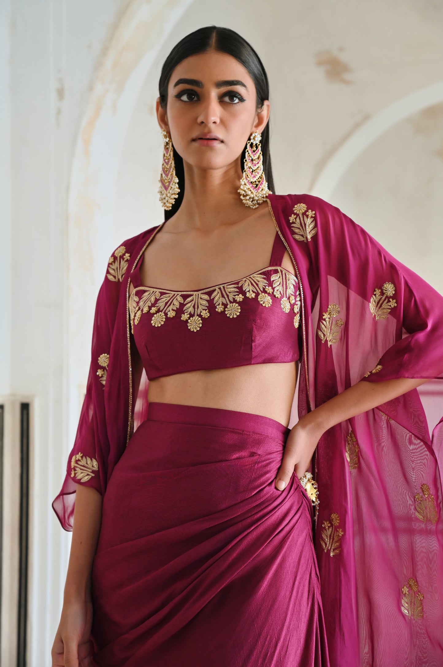 FLORAL EMBROIDERED NECKLINE BRALET WITH JACKET AND COWL SKIRT- EC-CJ-RAHI25-18- Magenta