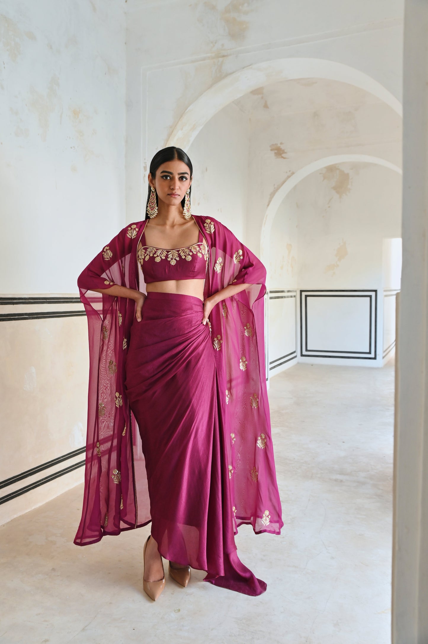 FLORAL EMBROIDERED NECKLINE BRALET WITH JACKET AND COWL SKIRT- EC-CJ-RAHI25-18- Magenta