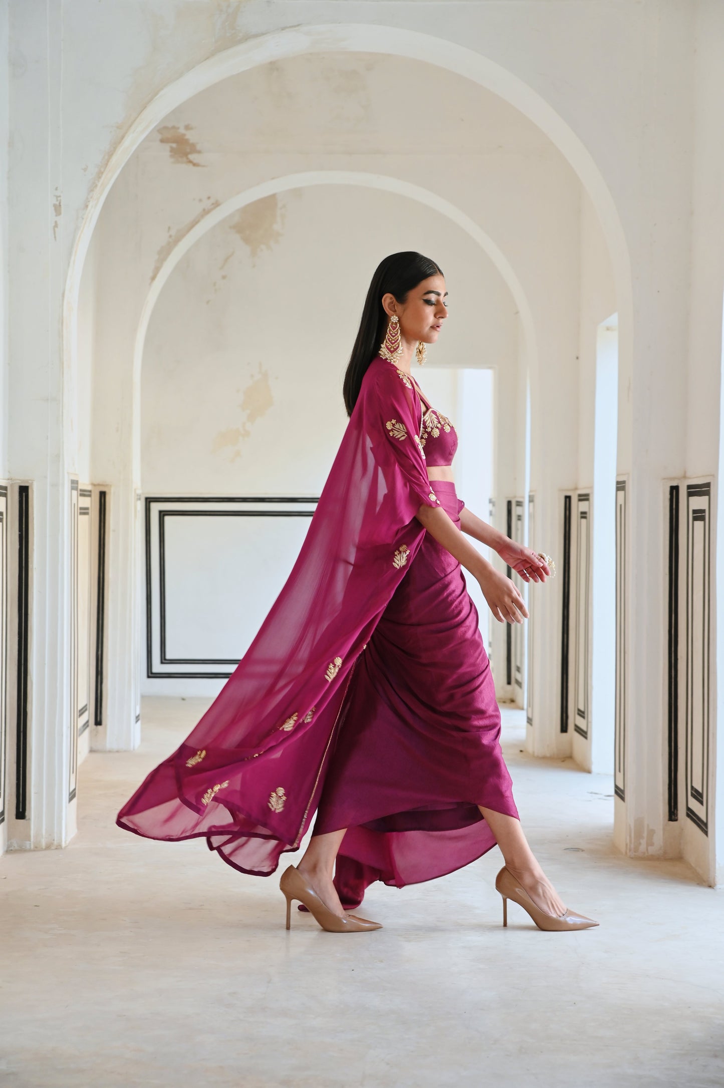 FLORAL EMBROIDERED NECKLINE BRALET WITH JACKET AND COWL SKIRT- EC-CJ-RAHI25-18- Magenta