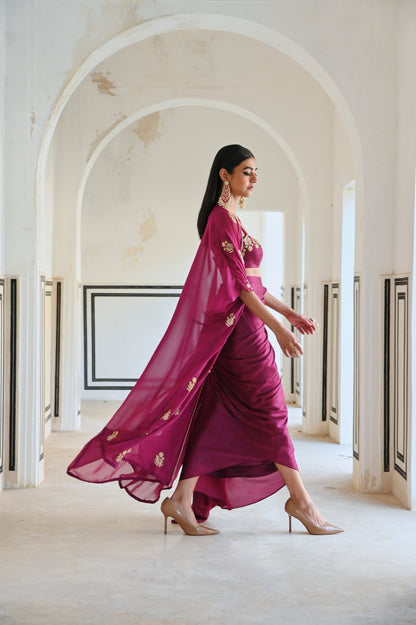 FLORAL EMBROIDERED NECKLINE BRALET WITH JACKET AND COWL SKIRT- EC-CJ-RAHI25-18- Magenta