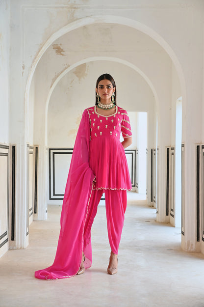 RAGLAN SLEEVE BUTTI EMBROIDERED PEPLUM WITH DHOTI AND DUPATTA- EC-DT-RAHI25-10- RosePink