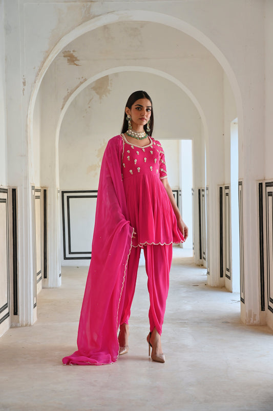 RAGLAN SLEEVE BUTTI EMBROIDERED PEPLUM WITH DHOTI AND DUPATTA- EC-DT-RAHI25-10- RosePink