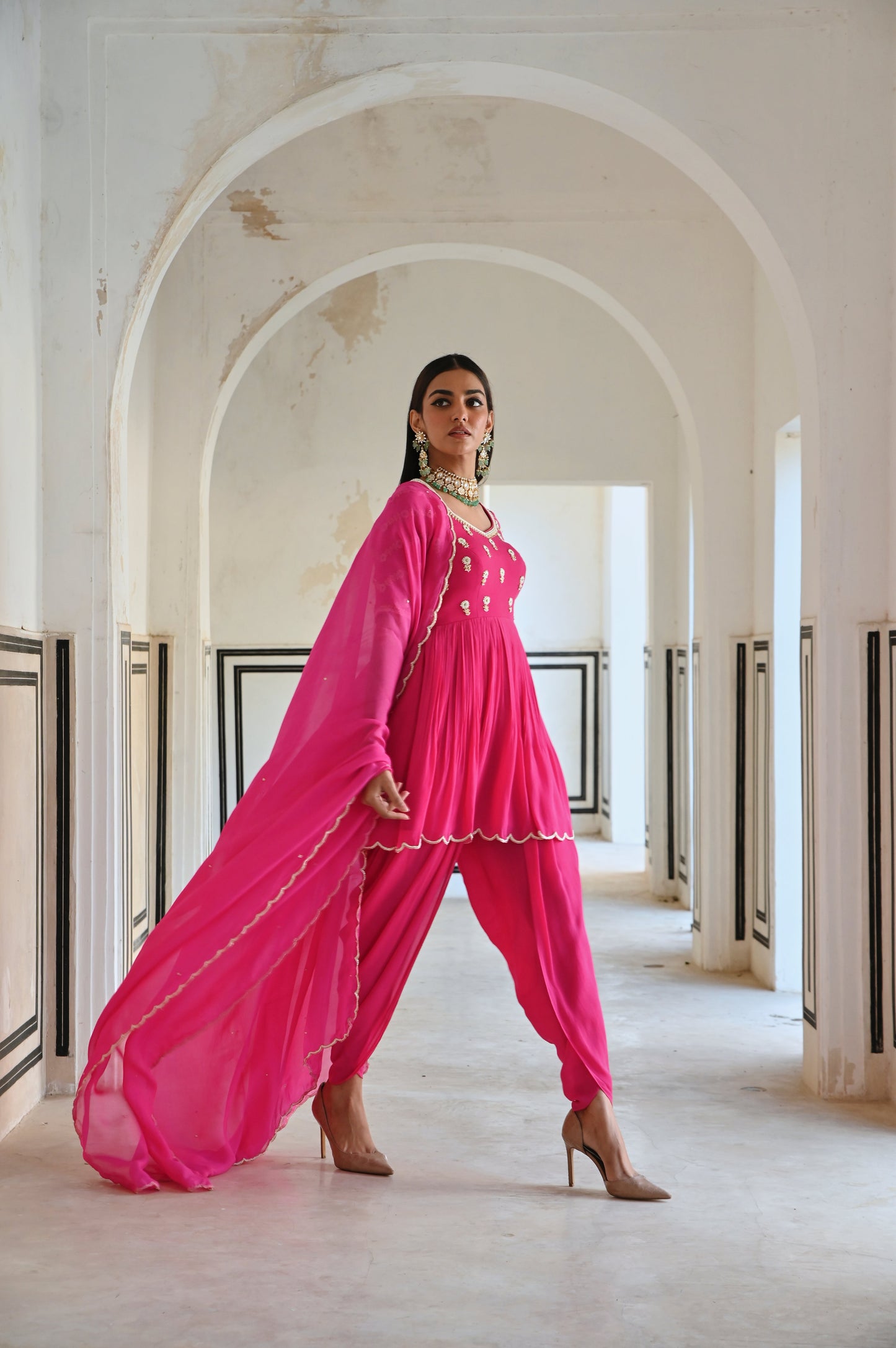 RAGLAN SLEEVE BUTTI EMBROIDERED PEPLUM WITH DHOTI AND DUPATTA- EC-DT-RAHI25-10- RosePink