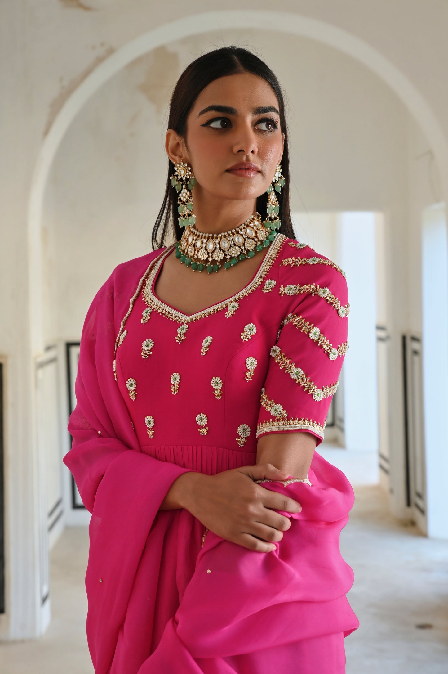 RAGLAN SLEEVE BUTTI EMBROIDERED PEPLUM WITH DHOTI AND DUPATTA- EC-DT-RAHI25-10- RosePink