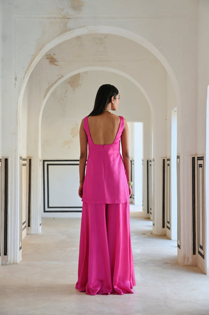 SQUARE NECKLINE FLORAL BUTTI EMBROIDERED SHORT KURTA WITH PALAZZO AND DUPATTA- EC-SH-RAHI25-11- BrightPink