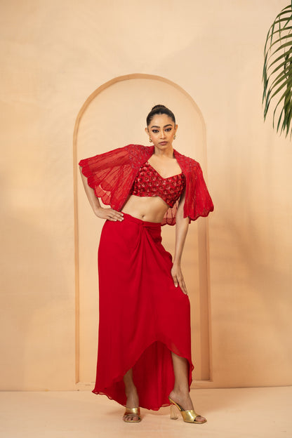 Red Embroidered Co-Ord Set with Dhoti Skirt and Cape