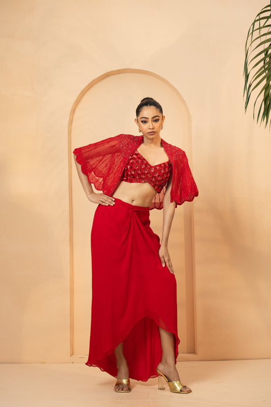 Red Embroidered Co-Ord Set with Dhoti Skirt and Cape