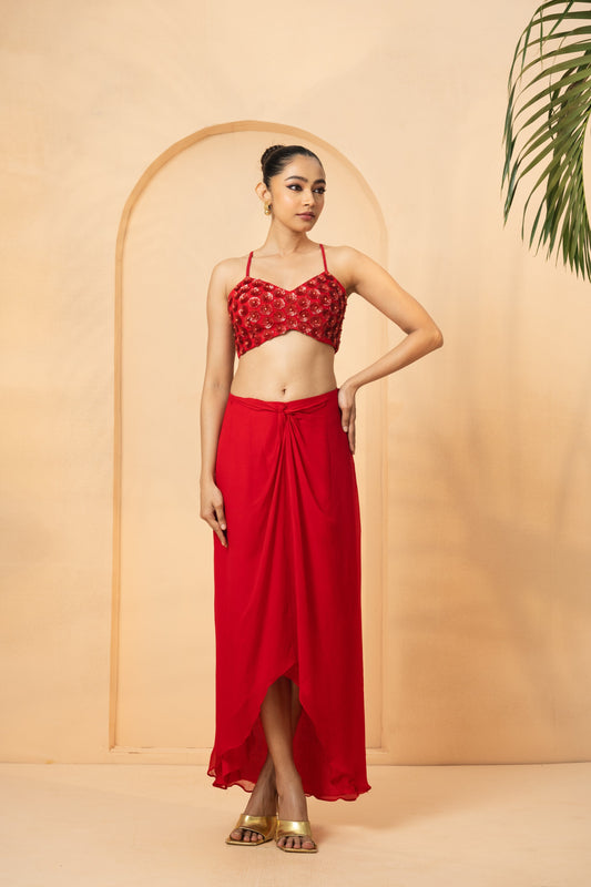 Red Embroidered Co-Ord Set with Dhoti Skirt and Cape