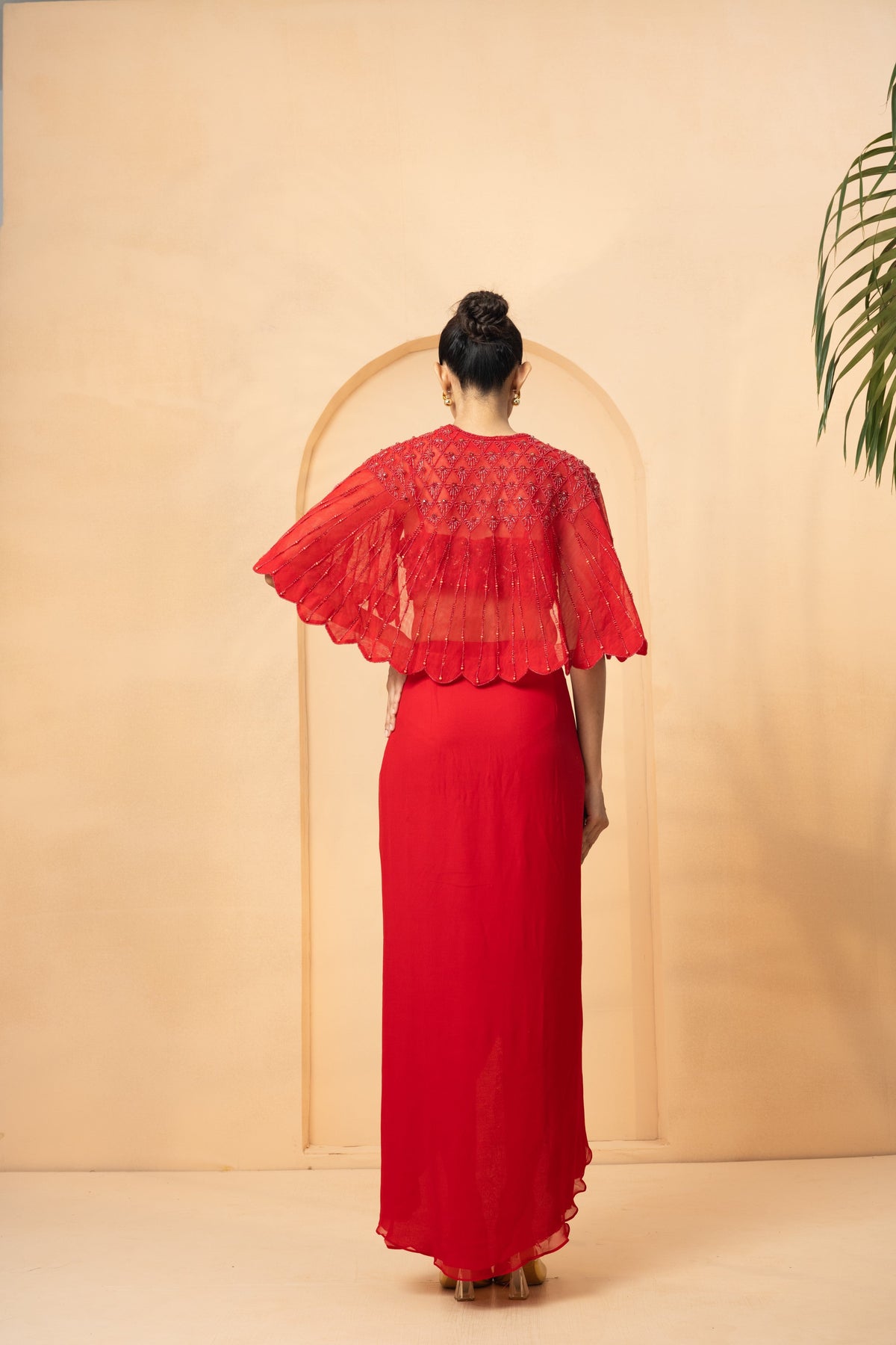 Red Embroidered Co-Ord Set with Dhoti Skirt and Cape