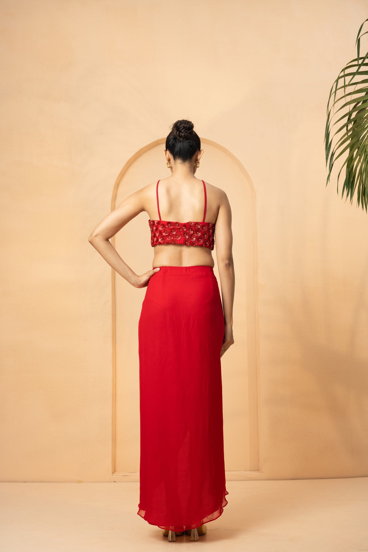 Red Embroidered Co-Ord Set with Dhoti Skirt and Cape