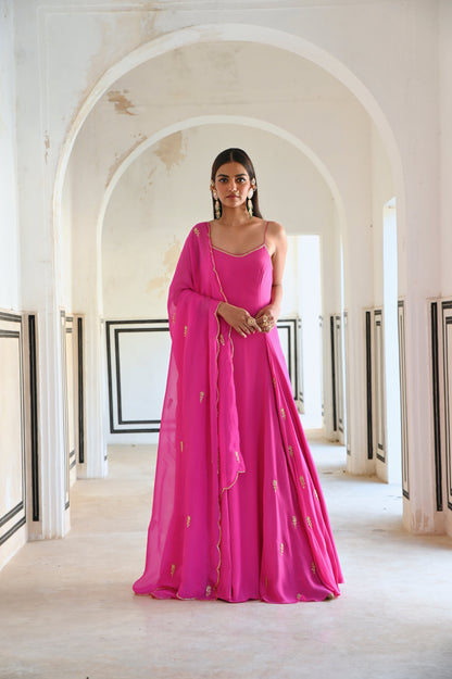 BRIGHT PINK SPAGHETTI BUTTI EMBROIDERED GODET ANARKALI WITH DUPATTA- EC-AK-RAHI25-09- BrightPink