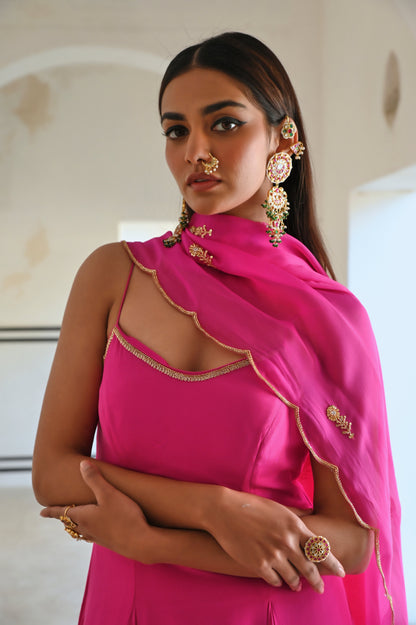 BRIGHT PINK SPAGHETTI BUTTI EMBROIDERED GODET ANARKALI WITH DUPATTA- EC-AK-RAHI25-09- BrightPink