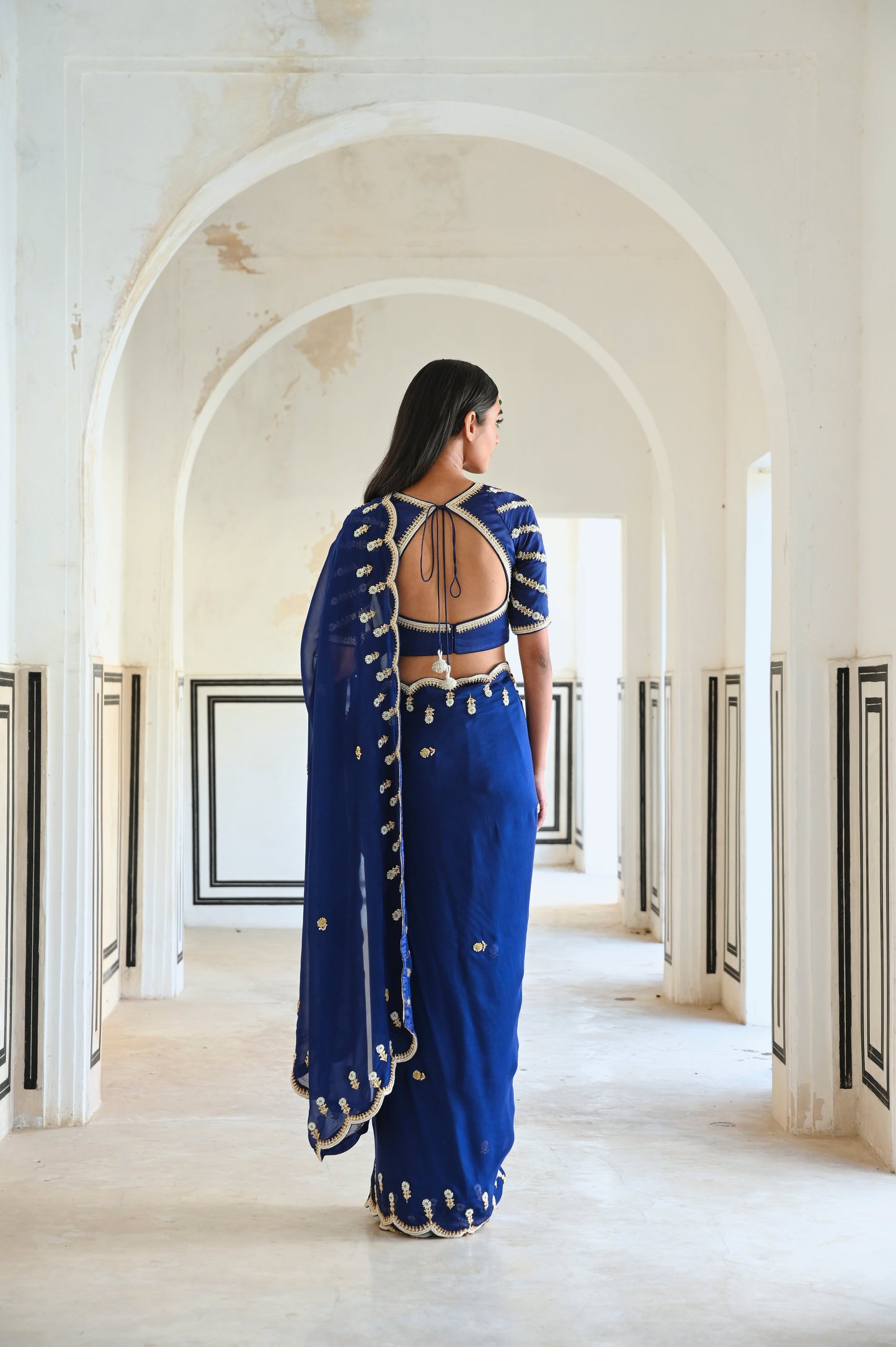 ROYAL BLUE SCALLOP EMBROIDERED SAREE WITH RAGLAN SLEEVE BLOUSE- EC-SA-RAHI25-20- RoyalBlue