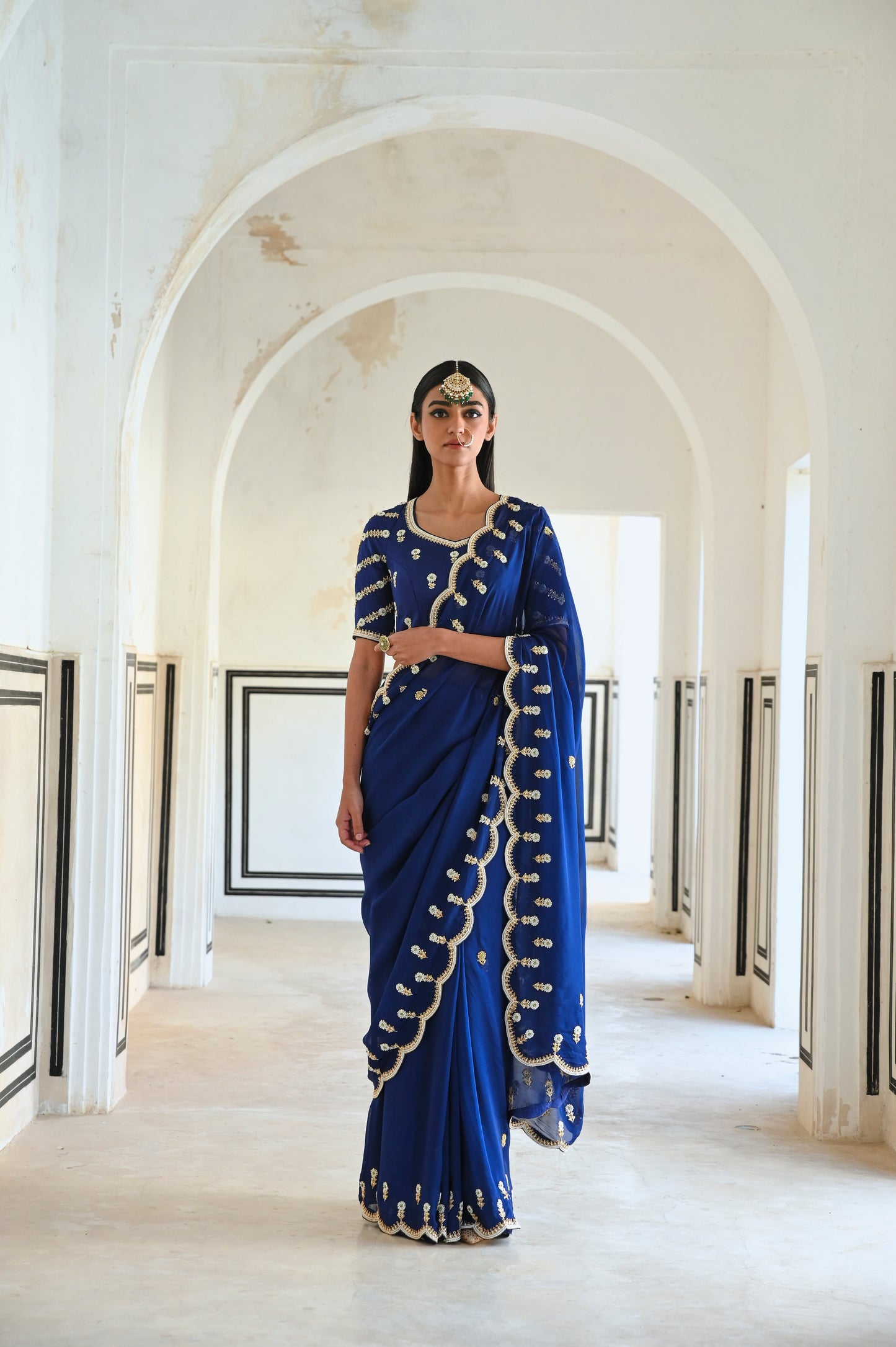 ROYAL BLUE SCALLOP EMBROIDERED SAREE WITH RAGLAN SLEEVE BLOUSE- EC-SA-RAHI25-20- RoyalBlue