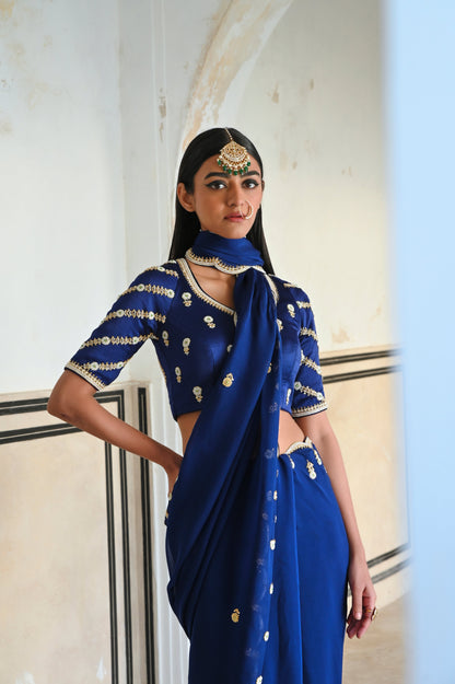ROYAL BLUE SCALLOP EMBROIDERED SAREE WITH RAGLAN SLEEVE BLOUSE- EC-SA-RAHI25-20- RoyalBlue