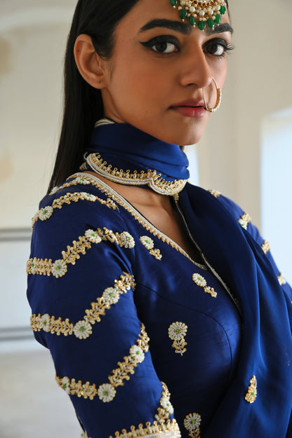 ROYAL BLUE SCALLOP EMBROIDERED SAREE WITH RAGLAN SLEEVE BLOUSE- EC-SA-RAHI25-20- RoyalBlue