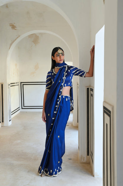 ROYAL BLUE SCALLOP EMBROIDERED SAREE WITH RAGLAN SLEEVE BLOUSE- EC-SA-RAHI25-20- RoyalBlue