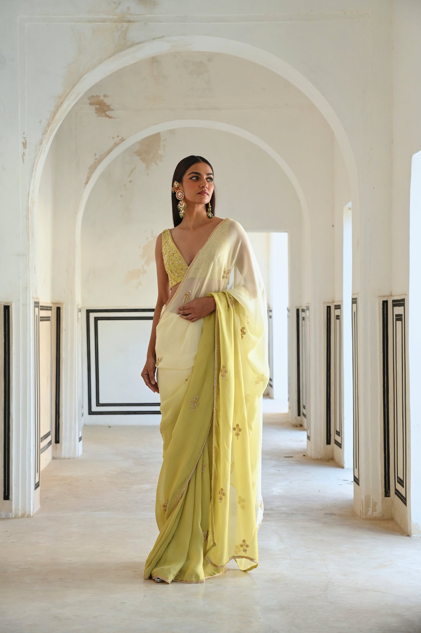 IVORY-OLIVE OMBRE FLORAL BUTTI EMBROIDERED SAREE WITH BLOUSE- EC-SA-RAHI25-21- IvoryOliveGreen