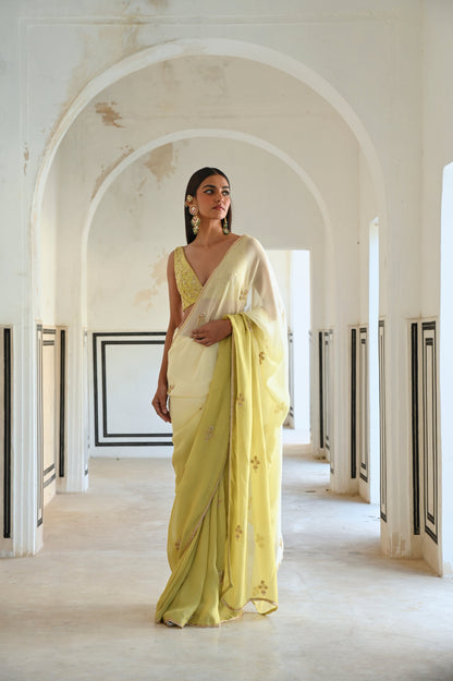 IVORY-OLIVE OMBRE FLORAL BUTTI EMBROIDERED SAREE WITH BLOUSE- EC-SA-RAHI25-21- IvoryOliveGreen