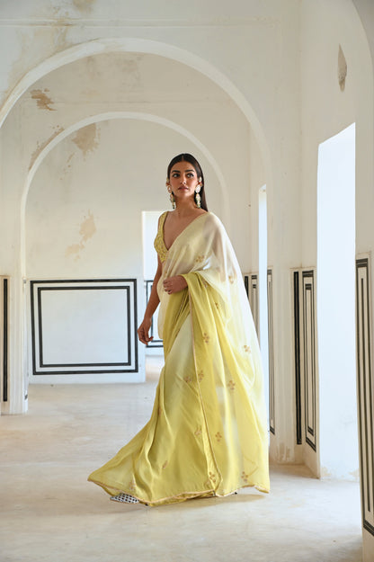 IVORY-OLIVE OMBRE FLORAL BUTTI EMBROIDERED SAREE WITH BLOUSE- EC-SA-RAHI25-21- IvoryOliveGreen